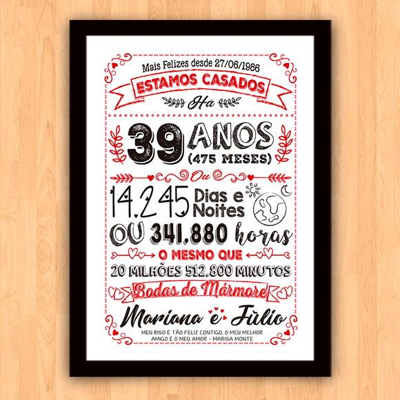 Quadro Poster Chalkboard Bodas Mármore 39 Anos A3 30x42cm