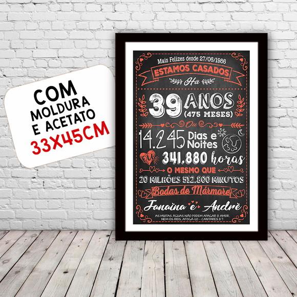 Quadro Poster Chalkboard Bodas Mármore 39 Anos A3 30x42cm