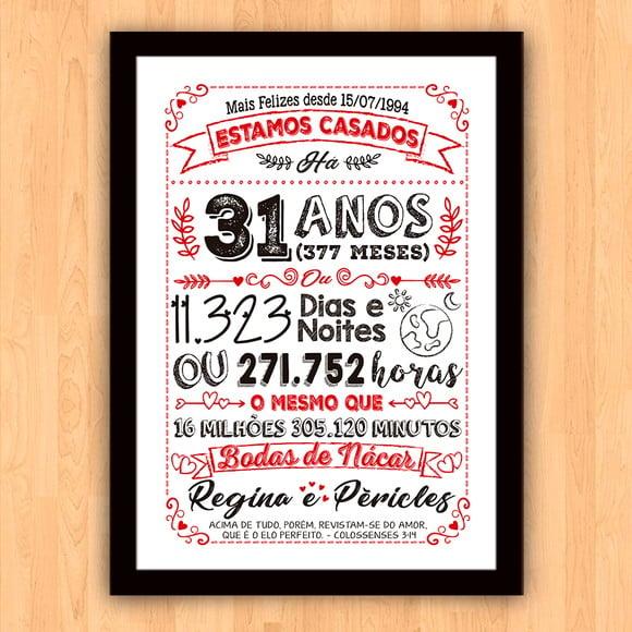 Quadro Poster Chalkboard Bodas Nácar 31 Anos A3 30x42cm