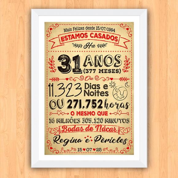 Quadro Poster Chalkboard Bodas Nácar 31 Anos A3 30x42cm