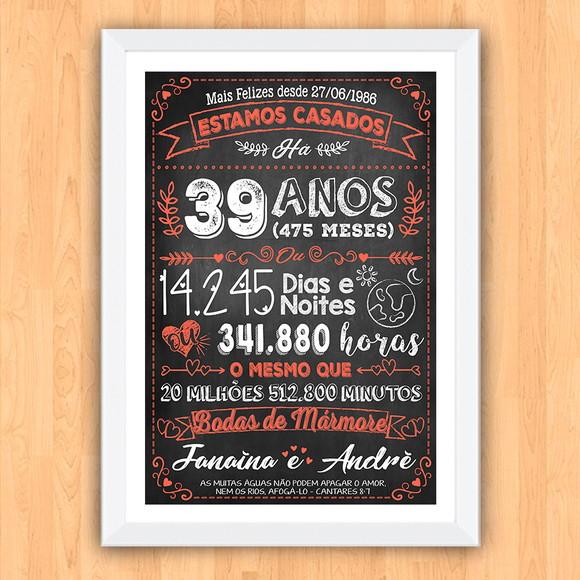 Quadro Poster Chalkboard Bodas Mármore 39 Anos A3 30x42cm