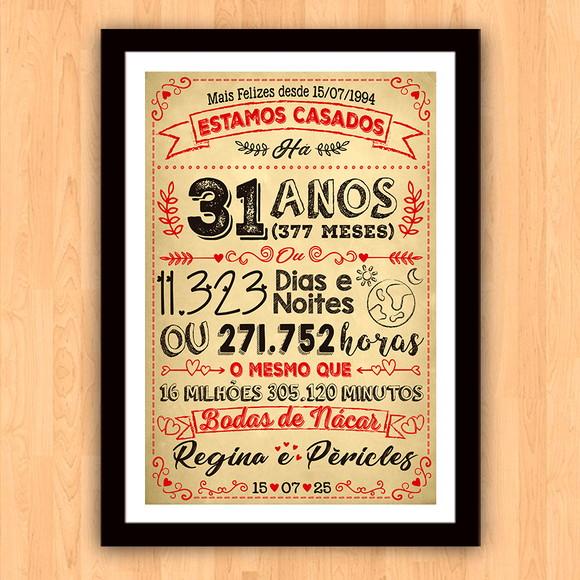 Quadro Poster Chalkboard Bodas Nácar 31 Anos A3 30x42cm