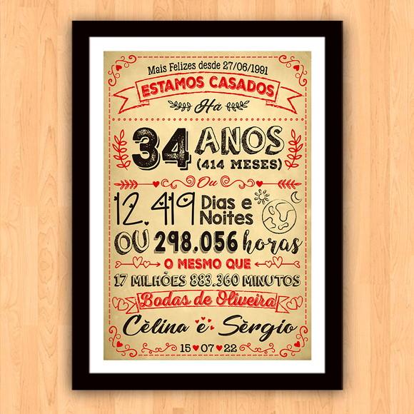 Quadro Poster Chalkboard Bodas Oliveira 34 Anos A3 30x42cm