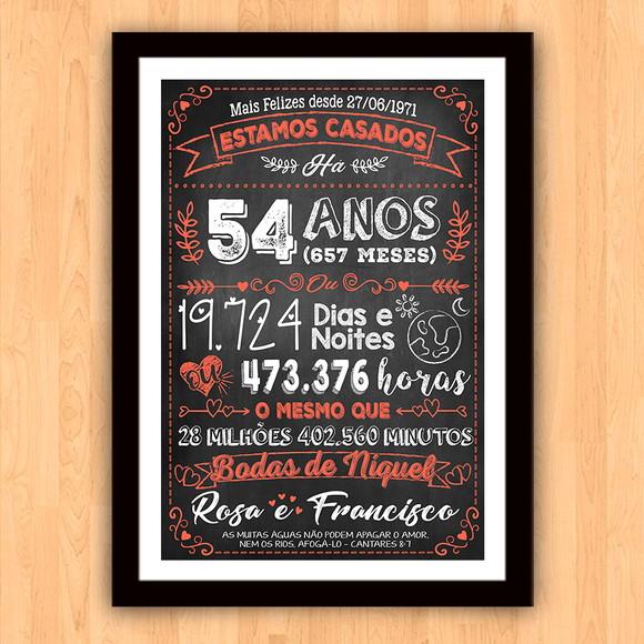Quadro Poster Chalkboard Bodas Níquel 54 Anos 30x42cm