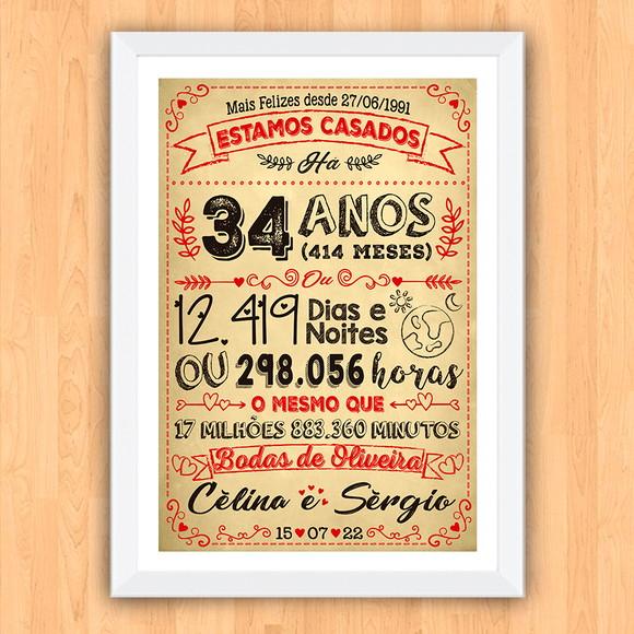 Quadro Poster Chalkboard Bodas Oliveira 34 Anos A3 30x42cm