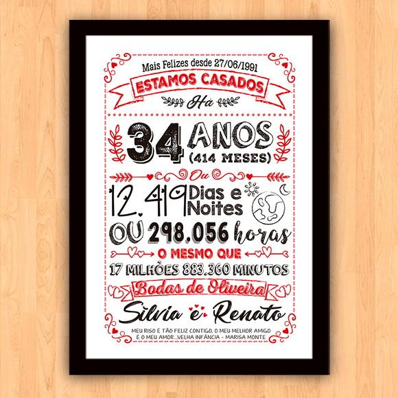 Quadro Poster Chalkboard Bodas Oliveira 34 Anos A3 30x42cm