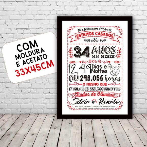 Quadro Poster Chalkboard Bodas Oliveira 34 Anos A3 30x42cm
