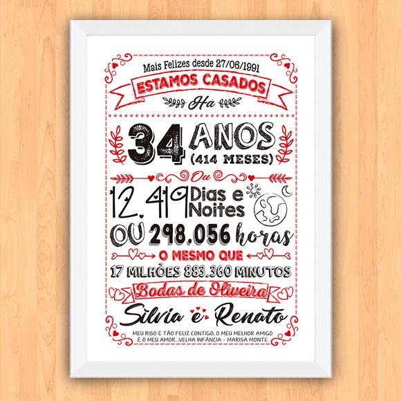 Quadro Poster Chalkboard Bodas Oliveira 34 Anos A3 30x42cm