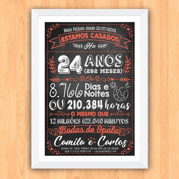 Quadro Poster Chalkboard Bodas Opala 24 Anos A3 30x42cm