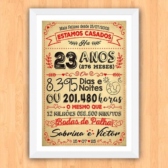 Quadro Poster Chalkboard Bodas Palha 23 Anos A3 30x42cm