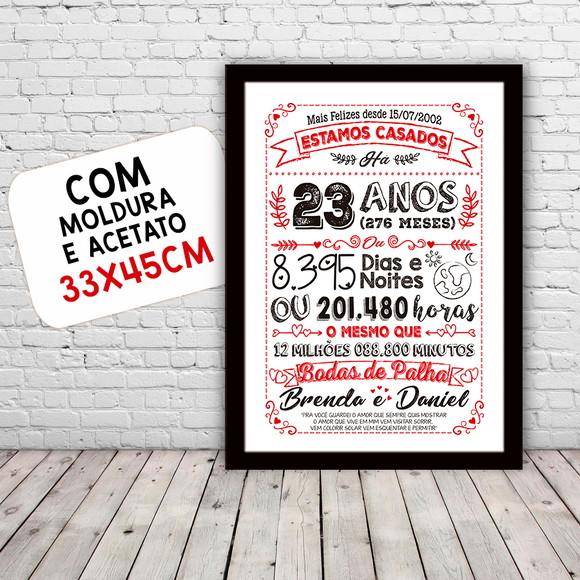 Quadro Poster Chalkboard Bodas Palha 23 Anos A3 30x42cm