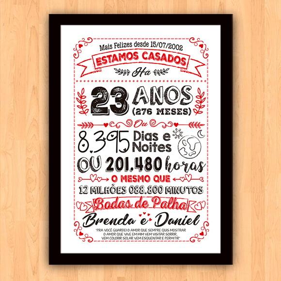 Quadro Poster Chalkboard Bodas Palha 23 Anos A3 30x42cm