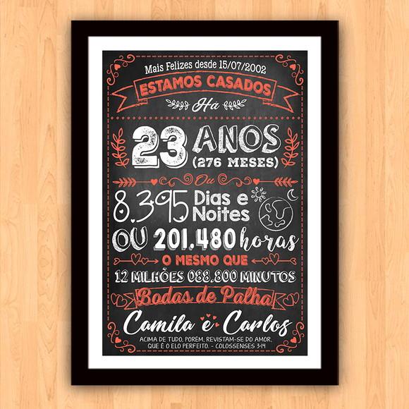 Quadro Poster Chalkboard Bodas Palha 23 Anos A3 30x42cm
