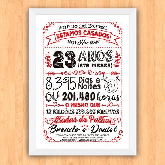Quadro Poster Chalkboard Bodas Palha 23 Anos A3 30x42cm
