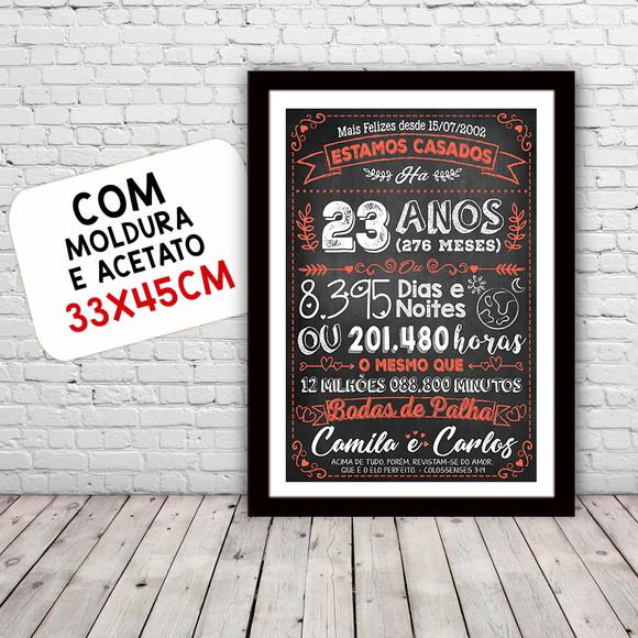 Quadro Poster Chalkboard Bodas Palha 23 Anos A3 30x42cm