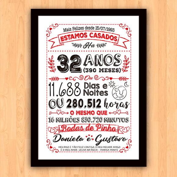 Quadro Poster Chalkboard Bodas Pinho 32 Anos A3 30x42cm