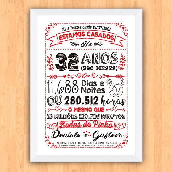 Quadro Poster Chalkboard Bodas Pinho 32 Anos A3 30x42cm