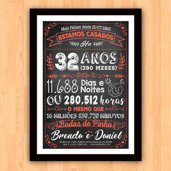 Quadro Poster Chalkboard Bodas Pinho 32 Anos A3 30x42cm
