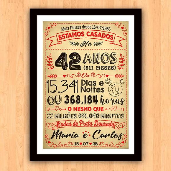 Quadro Poster Chalkboard Bodas Prata Dourada 42 Anos 30x42cm