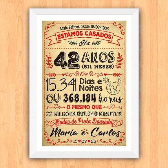 Quadro Poster Chalkboard Bodas Prata Dourada 42 Anos 30x42cm