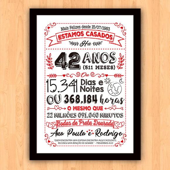 Quadro Poster Chalkboard Bodas Prata Dourada 42 Anos 30x42cm