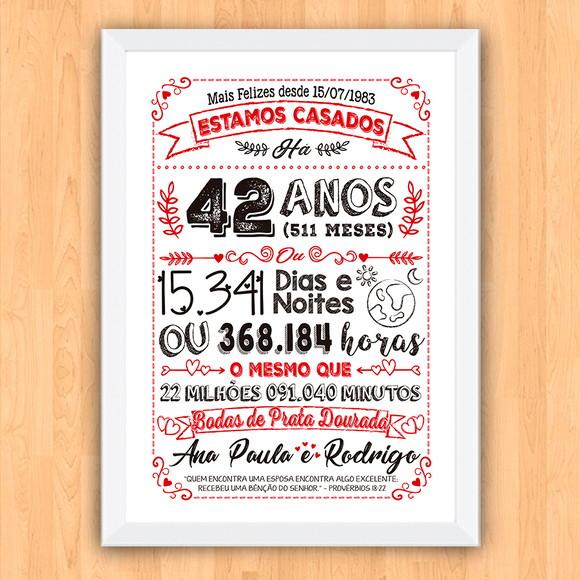 Quadro Poster Chalkboard Bodas Prata Dourada 42 Anos 30x42cm