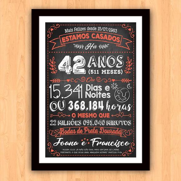 Quadro Poster Chalkboard Bodas Prata Dourada 42 Anos 30x42cm