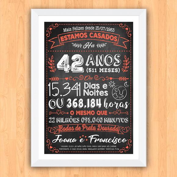 Quadro Poster Chalkboard Bodas Prata Dourada 42 Anos 30x42cm