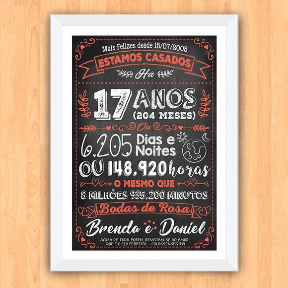 Quadro Poster Chalkboard Bodas Rosa 17 Anos A3 30x42cm