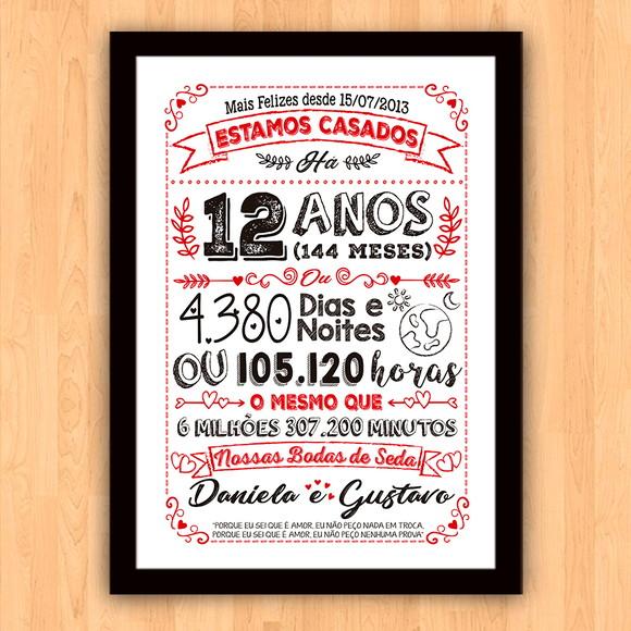 Quadro Poster Chalkboard Bodas Seda 12 Anos A3 30x42cm