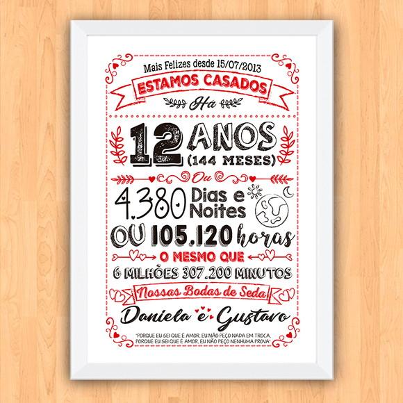 Quadro Poster Chalkboard Bodas Seda 12 Anos A3 30x42cm