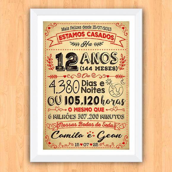 Quadro Poster Chalkboard Bodas Seda 12 Anos A3 30x42cm