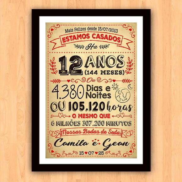 Quadro Poster Chalkboard Bodas Seda 12 Anos A3 30x42cm