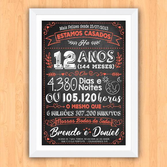 Quadro Poster Chalkboard Bodas Seda 12 Anos A3 30x42cm