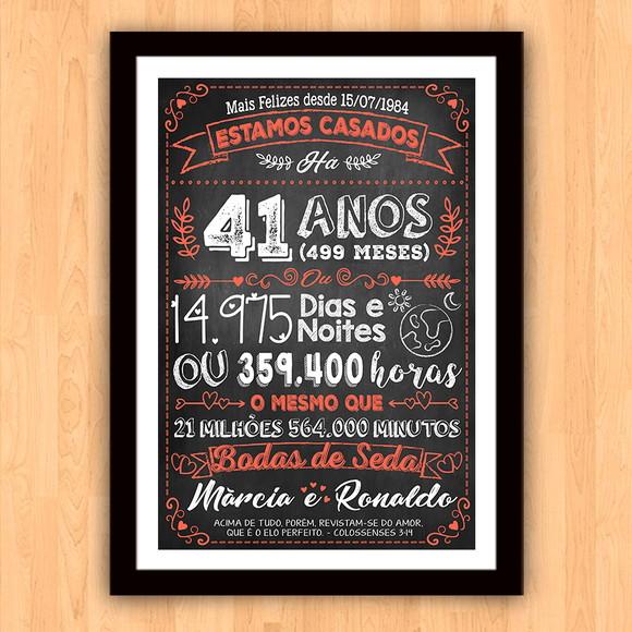 Quadro Poster Chalkboard Bodas Seda 41 Anos A3 30x42cm