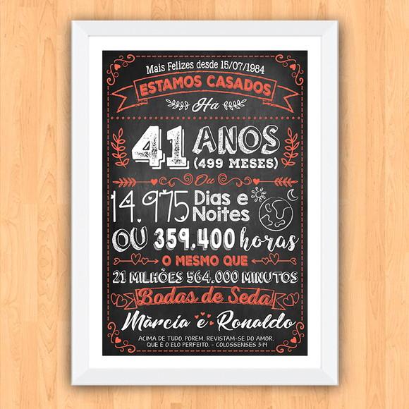Quadro Poster Chalkboard Bodas Seda 41 Anos A3 30x42cm