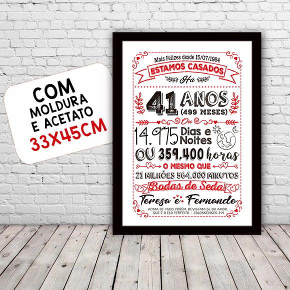 Quadro Poster Chalkboard Bodas Seda 41 Anos A3 30x42cm