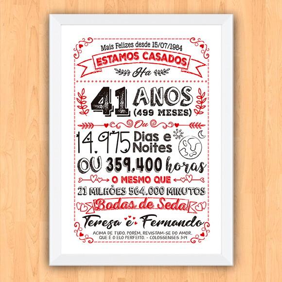 Quadro Poster Chalkboard Bodas Seda 41 Anos A3 30x42cm