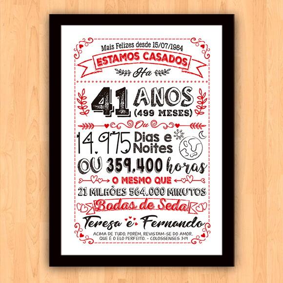 Quadro Poster Chalkboard Bodas Seda 41 Anos A3 30x42cm