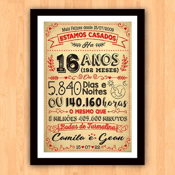 Quadro Poster Chalkboard Bodas Turmalina 16 Anos A3 30x42cm