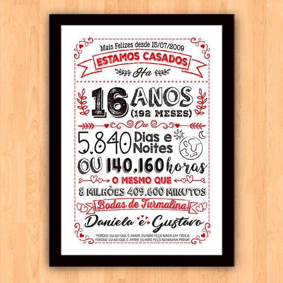 Quadro Poster Chalkboard Bodas Turmalina 16 Anos A3 30x42cm