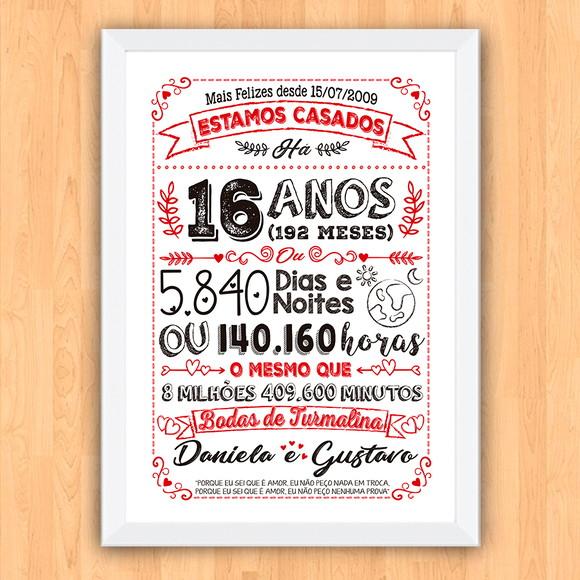 Quadro Poster Chalkboard Bodas Turmalina 16 Anos A3 30x42cm
