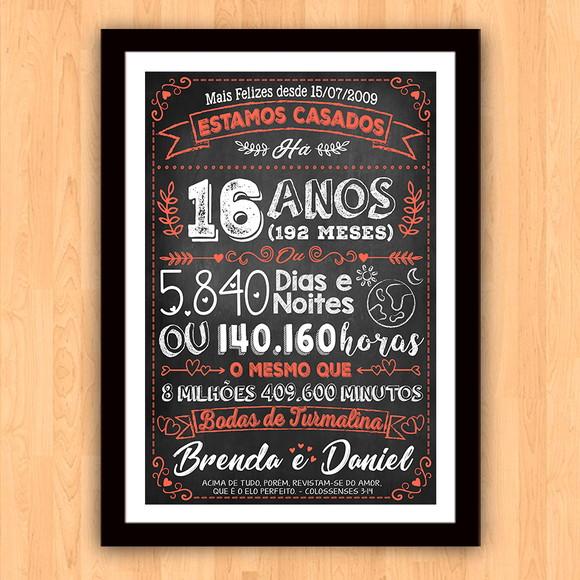 Quadro Poster Chalkboard Bodas Turmalina 16 Anos A3 30x42cm