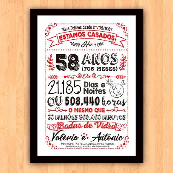 Quadro Poster Chalkboard Bodas Vidro 58 Anos 30x42cm