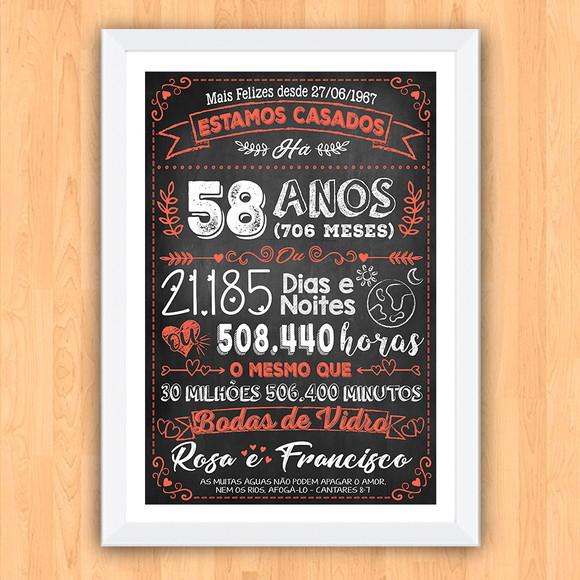 Quadro Poster Chalkboard Bodas Vidro 58 Anos 30x42cm