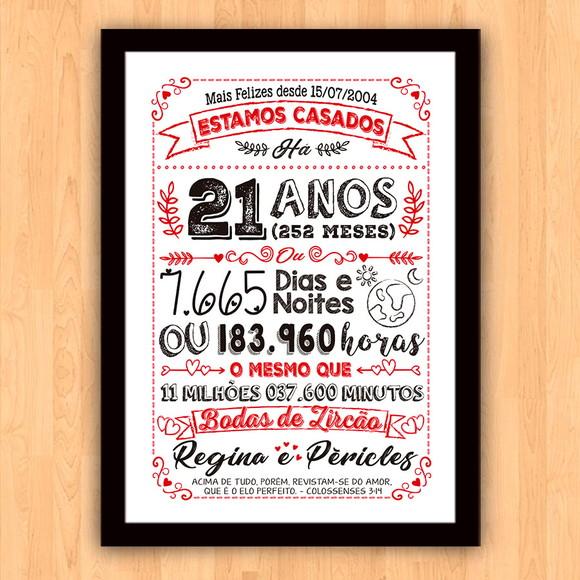 Quadro Poster Chalkboard Bodas Zircão 21 Anos A3 30x42cm