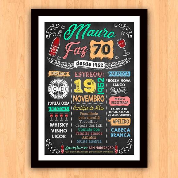 Quadro Poster Chalkboard c/ Moldura 70 Anos A3 30x42cm