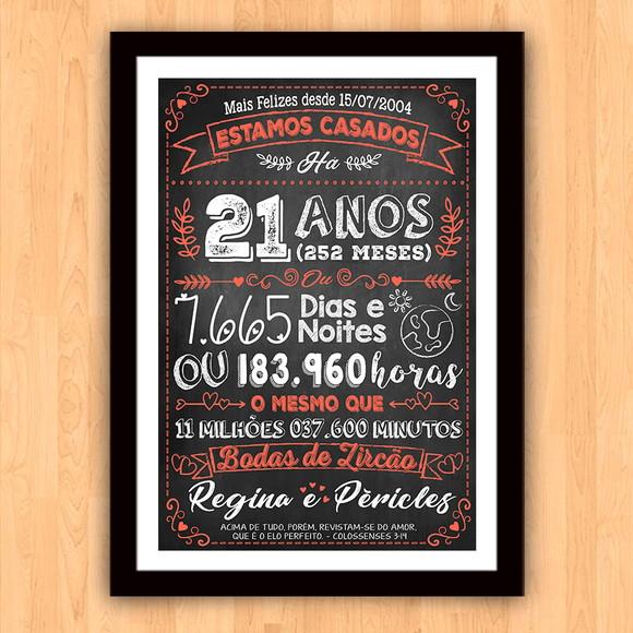 Quadro Poster Chalkboard Bodas Zircão 21 Anos A3 30x42cm