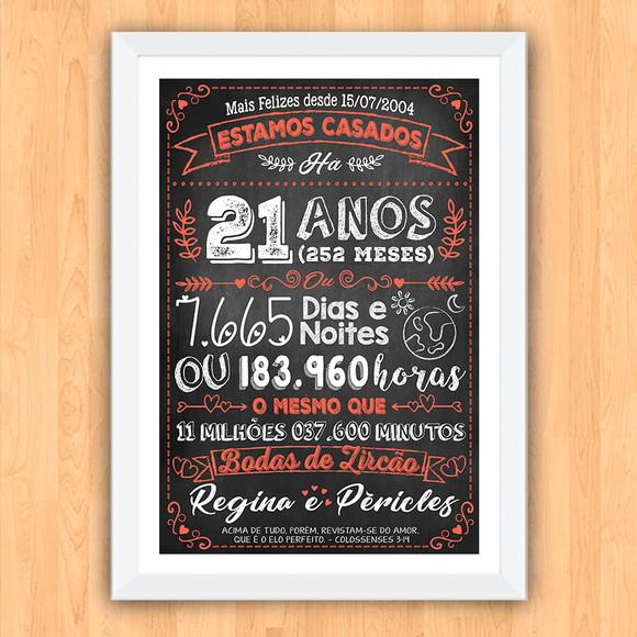 Quadro Poster Chalkboard Bodas Zircão 21 Anos A3 30x42cm