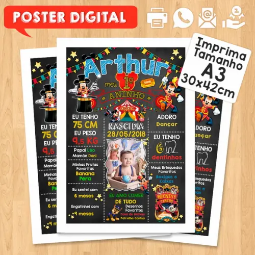 Arte Digital Aniversário A3 30x42cm Circo do Mickey